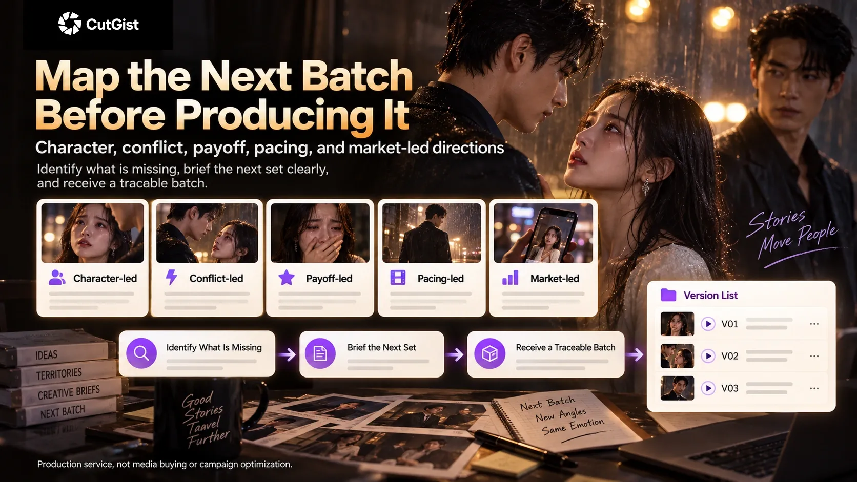 Map character conflict payoff pacing and market directions before producing the next batch